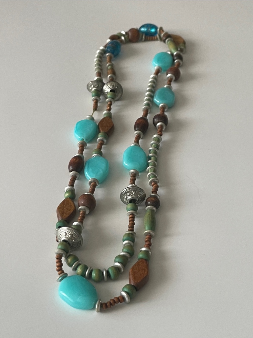 Turquoise and Wood Bead Wrap Necklace Single Strand Boho Women Jewelry